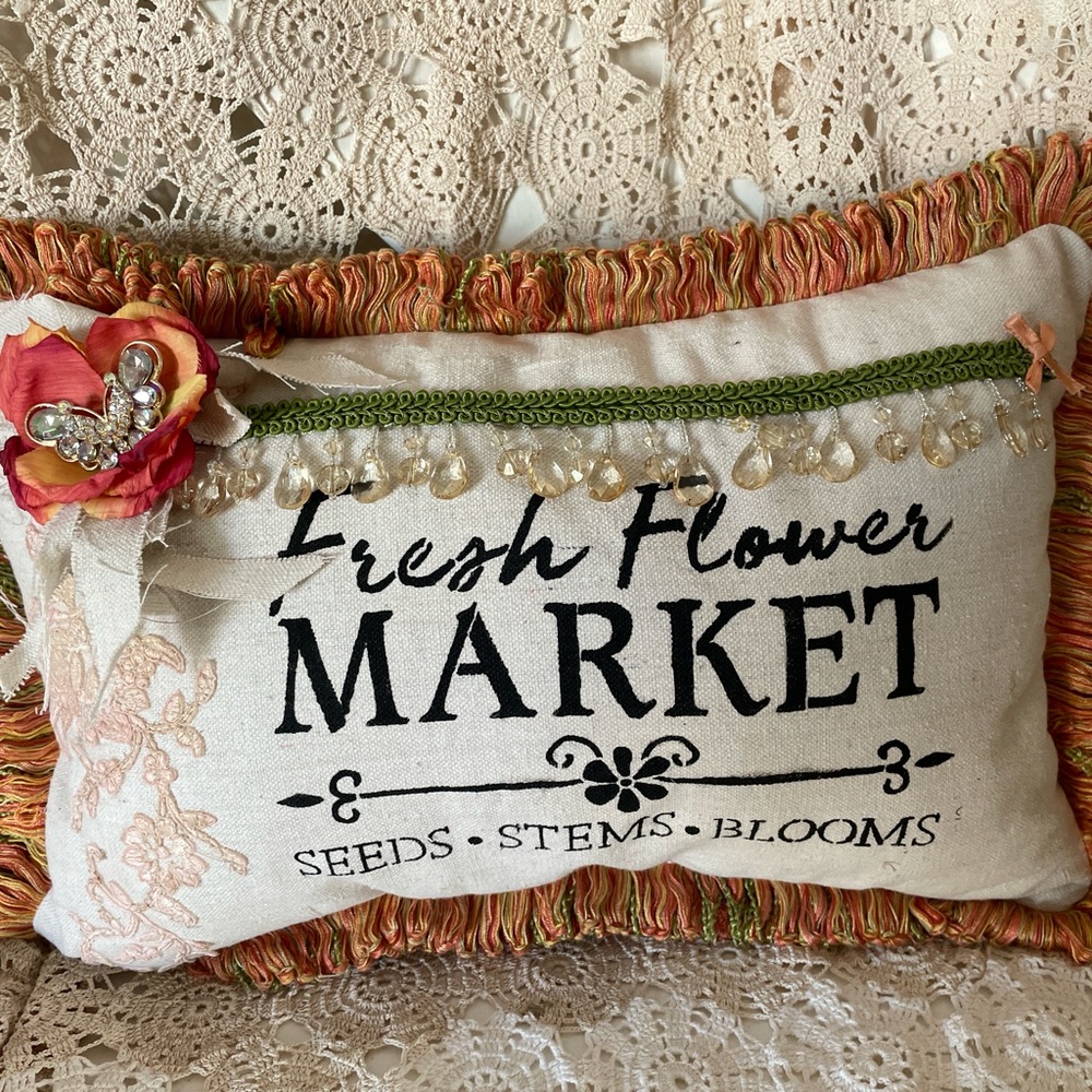 Handmade Small Pillow Upcycled Flower Market Butterfly Motif Indoor Outdoor